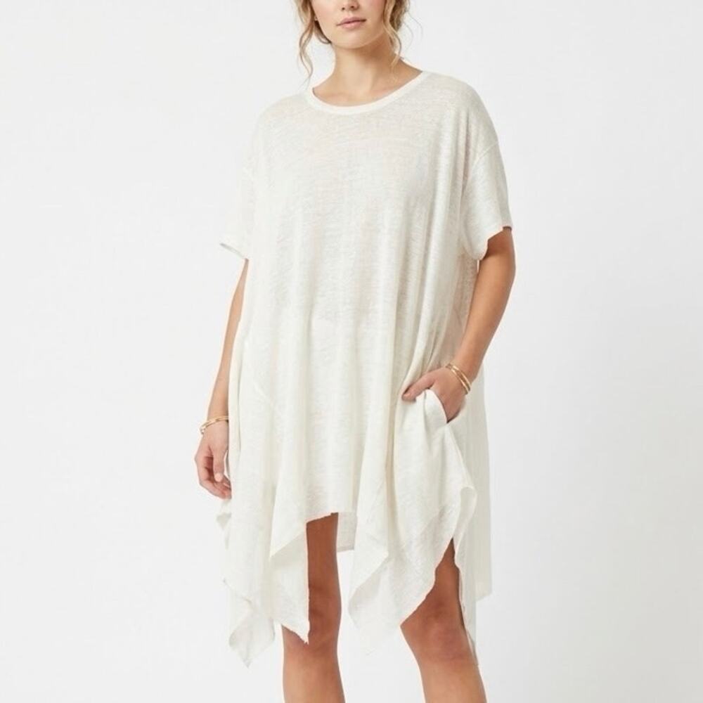 Tribe Kelley Oversized Linen Handkerchief Hem Tunic Dress Cream White Boho XS/S